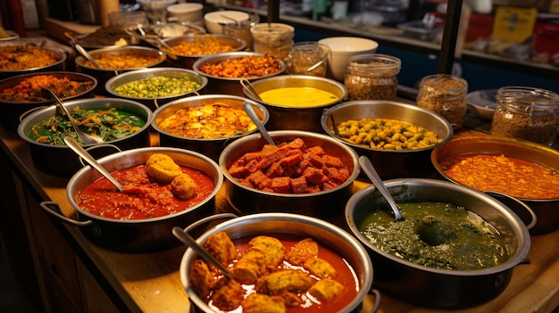 Varietà di curry cotti in mostra al mercato di Camden