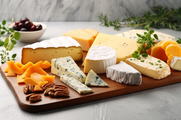 Varietà di formaggio su tavolo bianco Molti tipi diversi di formaggio in primo piano su una tavola di legno