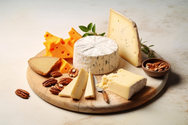 Varietà di formaggio su tavolo bianco Molti tipi diversi di formaggio in primo piano su una tavola di legno