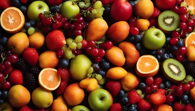 Varietà di frutta e bacche come sfondo vista dall'alto