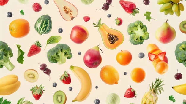 Varietà di frutta e verdura galleggianti che formano un disegno senza cuciture su uno sfondo neutro