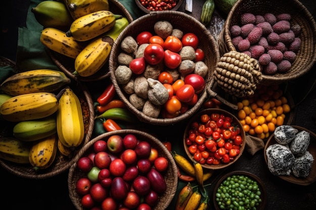 Varietà di frutta e verdura in cestini Generative Ai