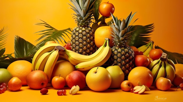 Varietà di frutta tropicale fresca su giallo esotico