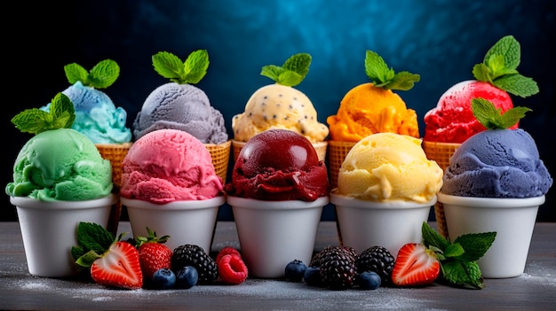 Varietà di gelati e prelibatezze surgelate di frutti di bosco e frutta IA generativa