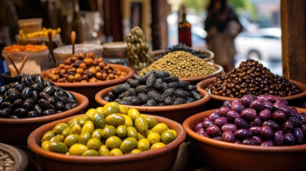 Varietà di olive in ciotole su un mercato in Grecia