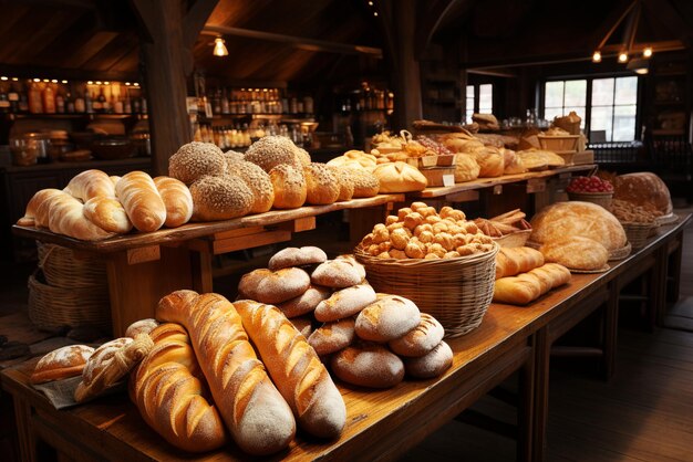 Varietà di pane integrale e focacce da forno con assortimento di pasticceria fresca