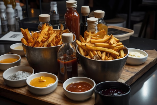 Varietà di patatine fritte e salse tra cui patate dolci e olio al tartufo creato con l'IA generativa