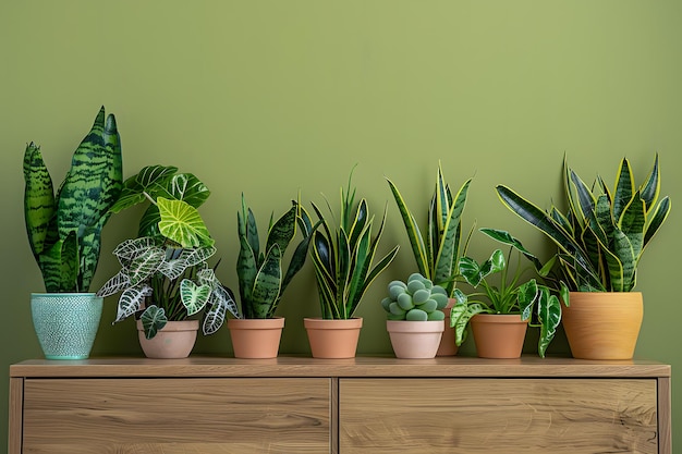 Varietà di piante d'appartamento in vaso su uno scaffale di legno vicino a una parete verde