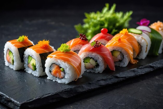 Varietà di rotoli di sushi presentati in modo elegante