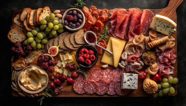 Varietà di salumi e formaggi gourmet su legno generato da AI