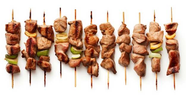 Varietà di spiedini di carne alla griglia isolata on white Doner kebab di pollo e maiale Souvlaki Grill greco