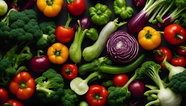 Varietà di verdure fresche su sfondo scuro Concetto di alimentazione sana