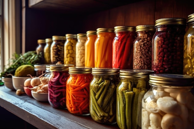 Varietà di verdure in salamoia su uno scaffale della cucina creato con ai generativi