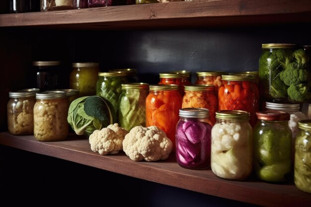 Varietà di verdure sottaceto su un ripiano della cucina creato con l'IA generativa