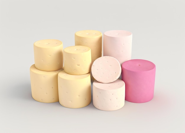 Varietà in ogni fetta Gruppo di diverse fette di formaggio arrotolato isolate su sfondo bianco