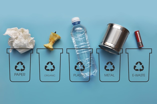 Various garbage and garbage cans Sorting and disposal of garbage and waste