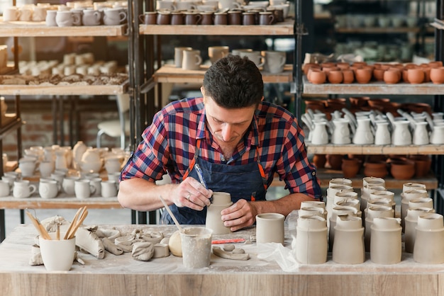 Vasaio maschio caucasico che fa cappuccio ceramico nelle terraglie.