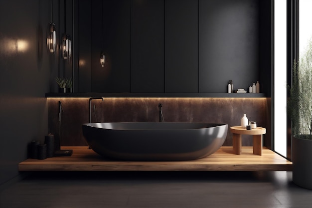 Vasca da bagno design legno mobili 3d interni casa bagno nero lusso moderno AI generativa