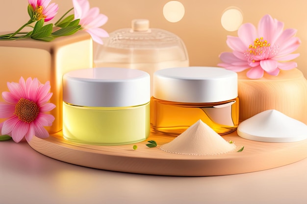 Vasetti di olio di miele cosmetico con un fiore sullo sfondo