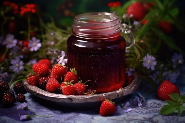 Vasetto di confettura di fragole e frutti di bosco freschi IA generativa