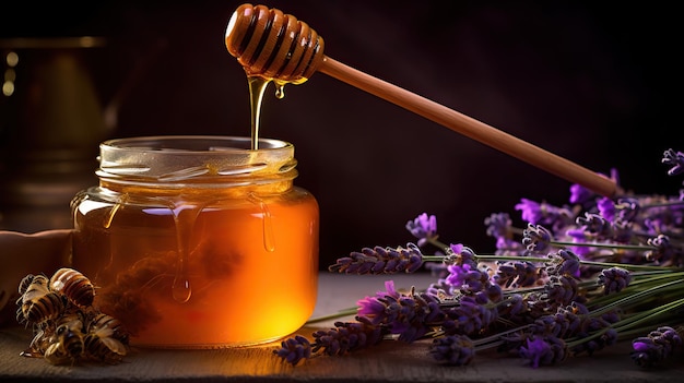 Vasetto di miele con fiori di lavanda fresca