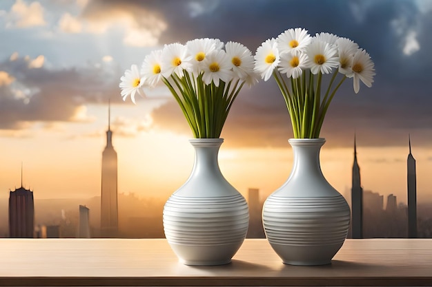 vasi bianchi con margherite davanti a uno skyline.