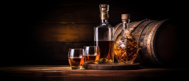 Vasi, bottiglie e barili di whisky