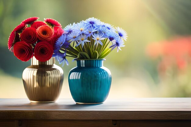 vasi con fiori su un tavolo e una finestra dietro di loro