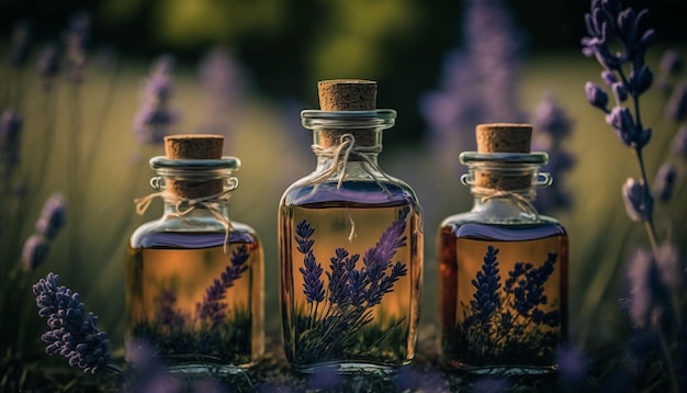 Vasi con olio essenziale di lavanda sullo sfondo di un campo di lavanda