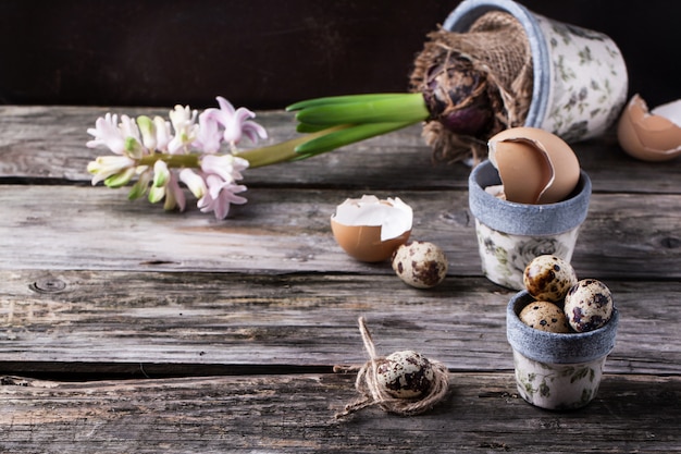 Vasi con uova di quaglia e fiori di Hyacinthus