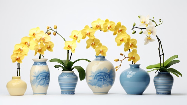 Vasi di fiori di orchidea in blu e giallo