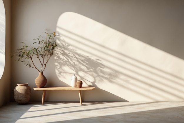 Vasi in ceramica su una panchina di legno un'ombra soleggiata sulla parete Decorazione interna minimalista in stile etno