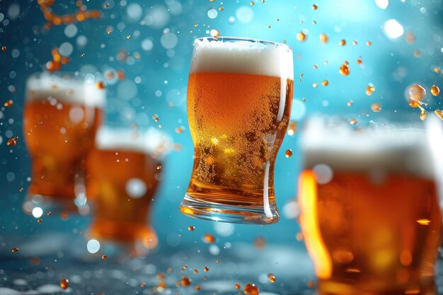 Vasi magici di birra galleggiano nel mezzo di uno sfondo turchese brillante creando