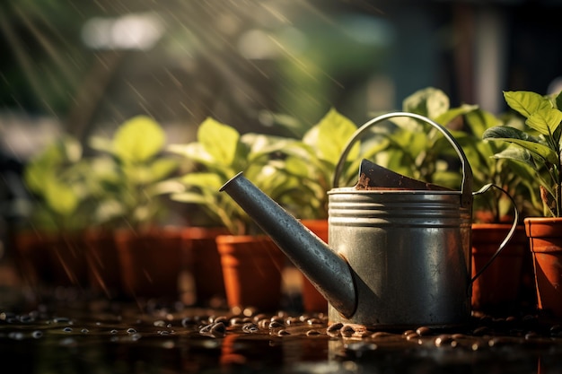 vasi per piante da interno e annaffiatoi su sfondo in stile bokeh