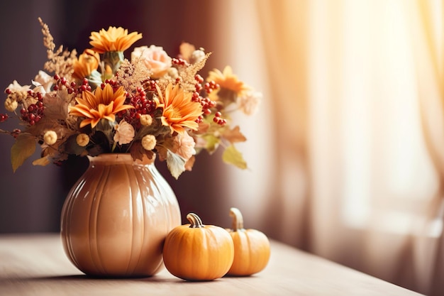 Vaso alla moda con bouquet di fiori autunnali e zucche