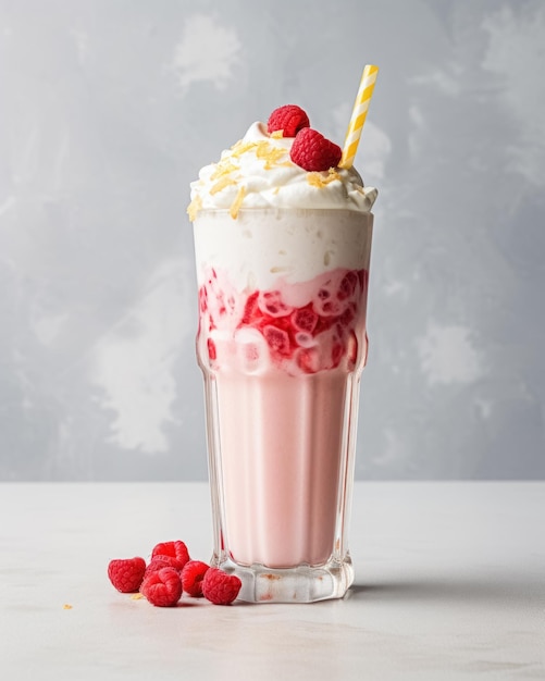 Vaso alto con milkshake cocktail di lampone su sfondo di cemento grigio decorato con panna montata