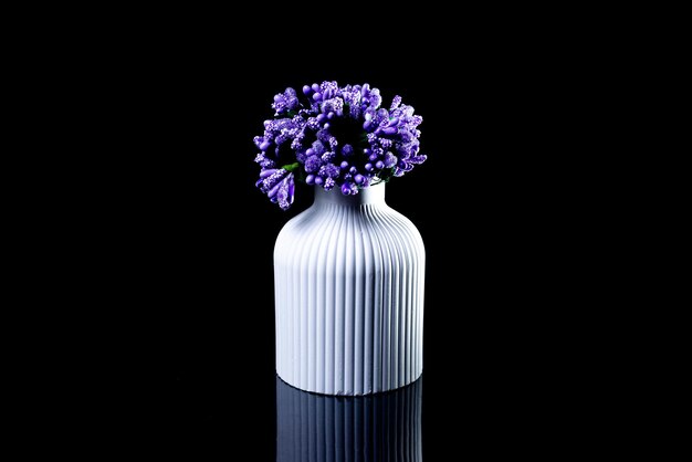 Vaso bianco con fiori blu in ghiaccio con sfondo nero di riflessione isolato