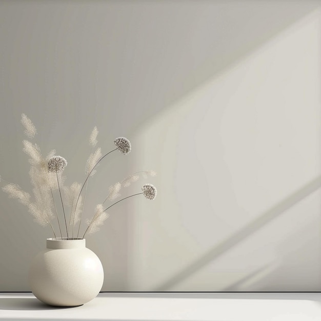 Vaso bianco con fiori minimalisti su uno sfondo solido