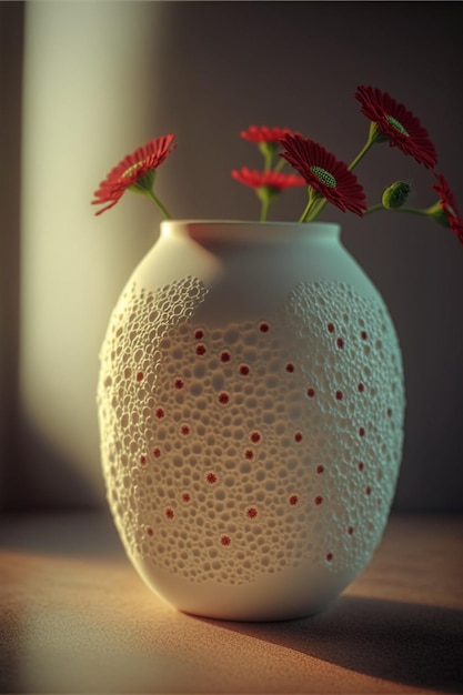 Vaso bianco con fiori rossi in esso generativo ai