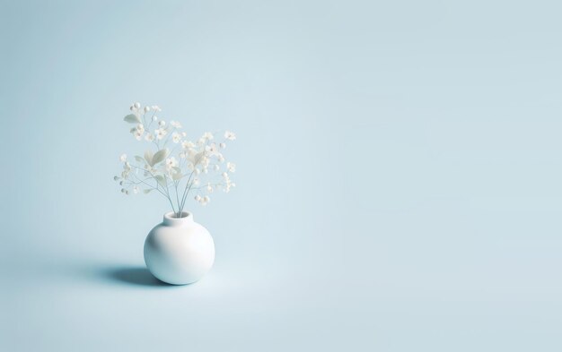 Vaso bianco con fiori su uno sfondo blu pastello Spazio di copia per il logo del messaggio pubblicitario di testo