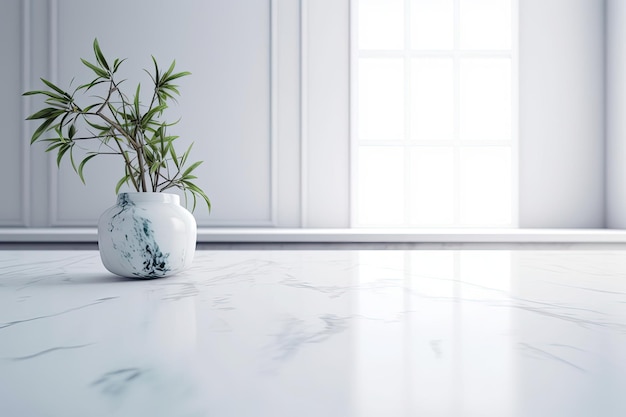 Vaso bianco con una pianta verde su uno sfondo semplice IA generativa