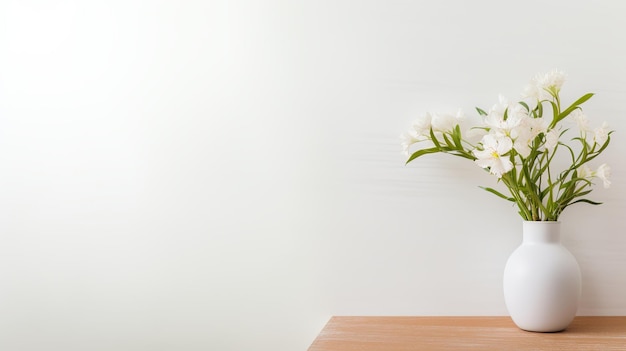 Vaso bianco pieno di fiori bianchi su un tavolo di legno