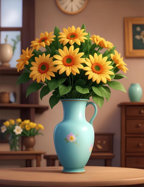 vaso blu con fiori gialli e una stanza sullo sfondo in stile design 3d