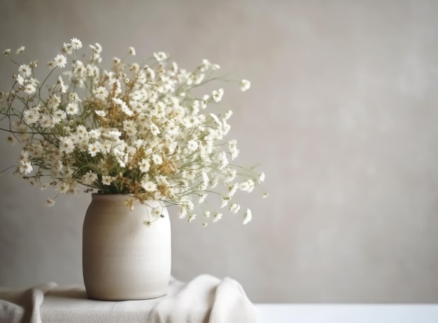 Vaso caraffa bianco per decorazioni domestiche morbide con piccoli fiori bianchi su uno sfondo bianco vintage e su una mensola in legno Interno