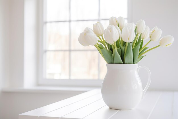 Vaso con bellissimi fiori di tulipano bianco sul tavolo