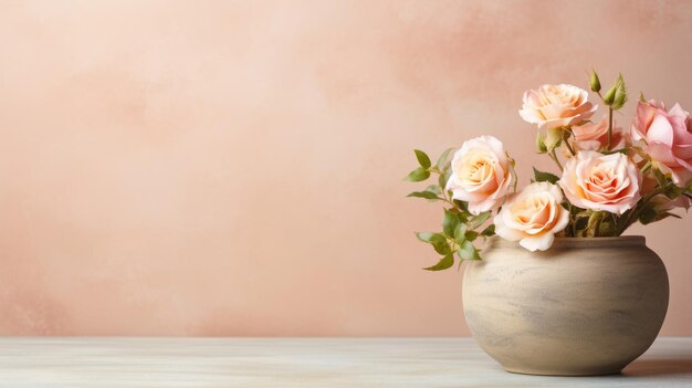 Vaso con bouquet di rose sullo sfondo di una parete di pesche Sfondio per la presentazione del prodotto spazio di copia