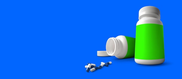 Vaso con capsule medichetabletspillsgels o caramelle 3D rendering adatto per il tuo elemento di design isolato su sfondo blu