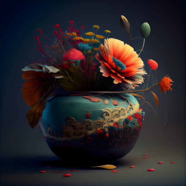 Vaso con fiori autunnali su sfondo scuro rendering 3d