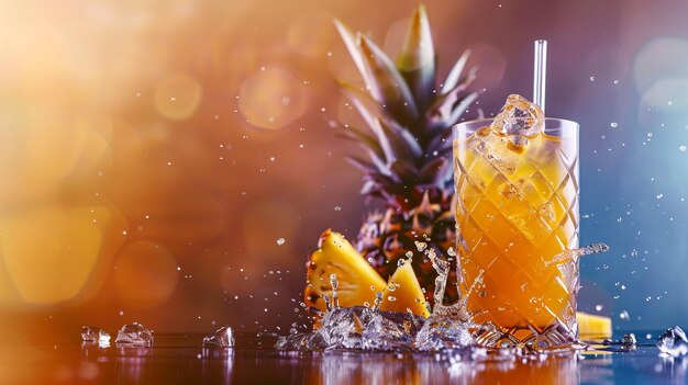 Vaso con succo di ananas ananas e schizzi d'acqua generati dall'AI