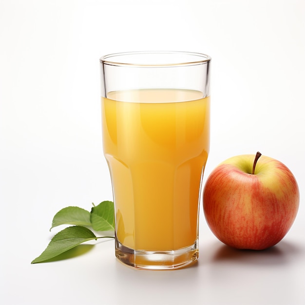 Vaso con succo di mela fresco su sfondo bianco